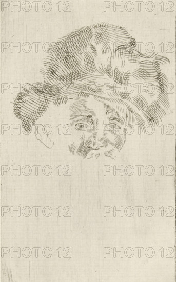 Study sheet with headline, print, printmaker: Jac. Franc. Gaal, Netherlands, c. 1750 - c. 1799, paper, etching, height 180 mm x width 95 mm, historical persons not known by name, A lightly sketched portrait of a face and hat rendered in fine, hatched lines on a pale, textured background, showing a pair of eyes with detailed lashes and brows, a nose, mustache and subtle mouth lines, and a large, voluminous hat with dense crosshatching and flowing strokes suggesting texture; an ear is faintly outlined to one side, and the rest of the page is mostly empty with vertical paper grain and faint marks.