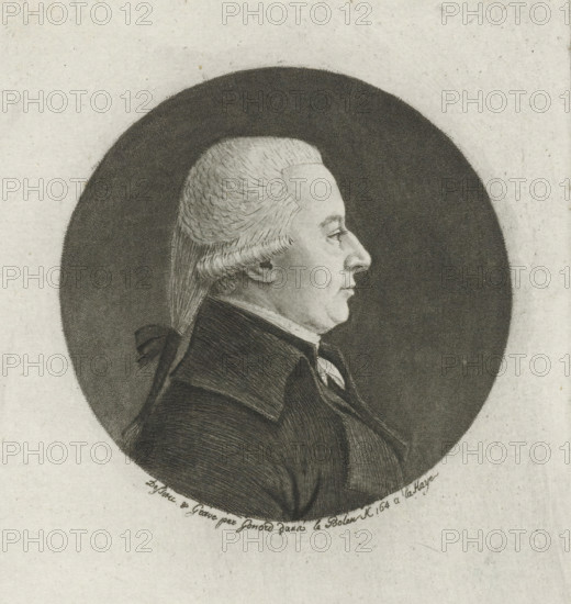 Portrait of Cornelis van Lennep, print, physionotrace, Portrait in a round frame of Cornelis van Lennep, member of the general safety committee. In profile, bust to the right., printmaker: François Gonord, The Hague, 1794 - 1800, paper, etching, roulette, engraving, engraving and roulette, height 85 mm x width 79 mm, Physionotrace., Person, Cornelis van Lennep, A monochrome engraved portrait of a man in profile facing right, shown from the chest upward within a dark oval background, featuring powdered or styled hair pulled back and tied with a ribbon, a high-collared coat and cravat, fine line shading on the face and clothing, and a pale textured paper surrounding the oval.
