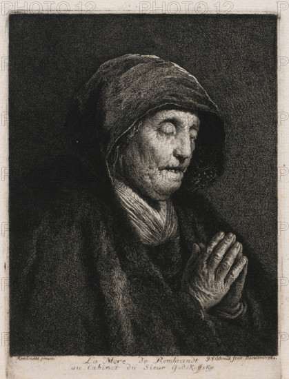 Portrait of Neeltje Willemsdr. Zuytbrouck praying, print, printmaker: Georg Friedrich Schmidt, Berlin, after painting by Rembrandt van Rijn, 1762, paper, etching, intaglio printmaking technique, height 150 mm x width 100 mm, Person, Neeltje Willemsdr. Zuytbrouck, historical persons - BB - woman, A monochrome etching shows a close-up of an elderly person wearing a hooded cloak, eyes closed and head slightly bowed, with a lined face and closed mouth. The hood covers the head and casts shadow around the face, and a scarf or cloth is visible around the neck. Hands are held together in front of the chest in a praying or clasped position, with detailed wrinkles and textured skin. The background is dark and densely hatched, framing the figure, and the image is bordered by a lighter margin.