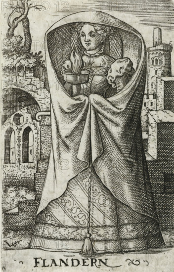 Flanders, Wise virgin as personification of Flanders, Wise and foolish virgins as European countries and provinces, print, number: '128', printmaker: Virgilius Solis, Nuremberg, 1524 - 1562, Bavaria, paper, engraving, etching, intaglio printmaking technique, height 80 mm x width 50 mm, Print is part of a series of ten prints with personifications of European countries and provinces as the five wise and five foolish virgins., personifications of countries, nations, states, districts, representation of wise virgin(s), A framed engraving of a robed female figure standing in front of a stone architectural backdrop; she wears a large hooded cloak that wraps around her shoulders and falls in heavy, folded drapery to the ground, revealing a patterned gown and a decorative tassel hanging from the front. Her face, with stylized hair and an expressionless look, is visible within the hood and she holds a shallow bowl or brazier from which a stylized flame rises, while a small dog rests against he...