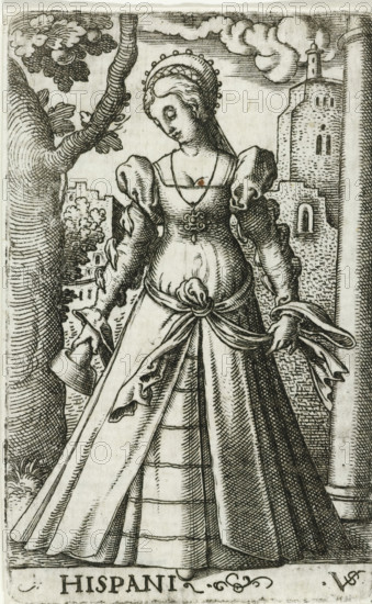 Foolish virgin as personification of Spain, Hispani, Wise and foolish virgins as European countries and provinces, print, number: '128', printmaker: Virgilius Solis, Nuremberg, 1524 - 1562, Bavaria, paper, engraving, etching, intaglio printmaking technique, height 79 mm x width 50 mm, Print is part of a series of ten prints with personifications of European countries and provinces as the five wise and five foolish virgins., personifications of countries, nations, states, districts, representation of foolish virgin(s), Spain, A black and white line engraving of a standing woman in a long, flowing gown with puffed sleeves and a fitted bodice, her head slightly bowed and hair covered by a rounded headdress with small circular decorations. She holds fabric in both hands that drapes down the front of her skirt, with a knotted sash at her waist and decorative details on the bodice. Behind her, a tree with textured bark and foliage appears on the left and a castle-like tower with small window...
