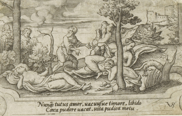 Personifications of love, lust, and chastity, Mythological scenes, print, number: '71', printmaker: Virgilius Solis, Nuremberg, 1524 - 1562, Bavaria, paper, engraving, etching, intaglio printmaking technique, height 58 mm x width 90 mm, This print is part of a series of at least four prints with mythological scenes., A detailed monochrome engraving shows a wooded landscape with clouds and distant hills, a cluster of trees and a tall tree trunk in the foreground, a partially ruined castle on a hill at the right, and a rocky outcrop near the center; several human figures recline and sit among drapery on the ground, one reclining figure appears nude with drapery under them, another figure leans forward covering their face with an arm, a bearded standing man with outstretched arms faces the reclining group, a woman sits with drapery over her lap near the tree, and a smaller head peeks from behind foliage at the left, while scattered pebbles and tufts of grass dot the ground.