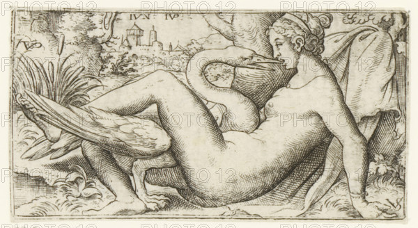 Leda and the swan, print, number: '108', printmaker, after print by, Bavaria, Nuremberg, Virgilius Solis, paper, engraving, intaglio printmaking technique, height 50 mm x width 95 mm, Jupiter, in the shape of a swan, and Leda, A reclining nude figure with curled hair rests against a draped cushion while a large swan curves around and touches the person's face; the scene is rendered in fine engraved lines with crosshatching, showing foliage, a distant walled town, grasses, and decorative border elements.