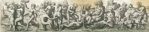 Bacchanal with satyrs and vomiting figures, Three friezes with bacchanals, print, number: '23', printmaker: Virgilius Solis, Nuremberg, 1524 - 1562, Bavaria, paper, engraving, etching, intaglio printmaking technique, height 55 mm x width 245 mm, Part of a series of three friezes with bacchanals., vomiting, satyr(s) (in general), thiasos, i.e. Bacchus' revel-rout, bacchanal without Bacchus, A long horizontal scene in a monochrome engraving shows a procession of nude and partially nude human figures and mythic satyrs in a rolling landscape with distant trees and architectural structures; on the left, clustered figures carry and pour large pitchers and a shallow dish, water or liquid arcing from the vessels, while a reclining figure near the center reaches toward a bowl of fruit and a seated figure kneels beside them; other standing figures interact by touching or supporting each other, and several figures bend forward or kneel to scoop or pour more liquid; toward the right, two satyrs pl...