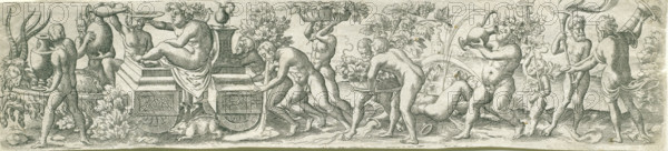 Triumphal procession of Bacchus, Three friezes with bacchanals, print, number: '23', printmaker: Virgilius Solis, Nuremberg, 1524 - 1562, Bavaria, paper, engraving, etching, intaglio printmaking technique, height 58 mm x width 245 mm, Part of a series of three friezes with Bacchanals, thiasos, ie Bacchus' revel-rout, bacchanal without Bacchus, triumph of Bacchus, 'Carro di Bacco' (Ripa), A long horizontal engraving showing a procession of mostly nude figures and mythic creatures across a landscape. On the left a bearded figure with horns stands beside a four-legged shaggy animal while another nude figure carries a large vase. Nearby a reclining figure sits atop a plinth or cart with draped cloth, reaching toward a platter held by another figure with a horned head. In front of the cart a small furry creature is on the ground. Toward the center several nude figures bend and carry baskets and vessels filled with foliage, while one figure holds a bowl on their head. To the right a reclinin...
