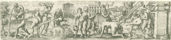 Bacchanal with vomiting satyrs, Three friezes with bacchanals, print, number: '23', printmaker: Virgilius Solis, Nuremberg, 1524 - 1562, Bavaria, paper, engraving, etching, intaglio printmaking technique, height 58 mm x width 246 mm, Part of a series of three friezes with bacchanals., vomiting, satyr(s) (in general), thiasos, i.e. Bacchus' revel-rout, bacchanal without Bacchus, A long horizontal engraving shows a procession of nude and partially nude human figures and satyr-like creatures across a landscape with rolling hills and distant buildings. On the left a small child-like figure faces a taller nude figure who carries a satyr on its shoulders as water streams from the satyr’s mouth onto the ground. Next, a group of three standing figures interact, one holding a large vessel that pours a strong arc of water toward the ground while another supports a basket of foliage on their head. In the center a reclining boar lies beside low vegetation near two standing figures who hold musical...