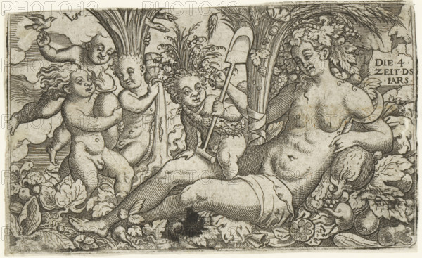 Personification of the Earth with four putti as the four elements, print, number: '122', printmaker: Virgilius Solis, Nuremberg, 1524 - 1562, Bavaria, paper, engraving, etching, intaglio printmaking technique, height 80 mm x width 133 mm, vegetables, year divided into four seasons, earth (one of the four elements), A monochrome engraving showing a reclining female figure with curly hair adorned with foliage and clusters of fruit, partially draped at the hips and surrounded by leaves and flowers, holding a curved object near her shoulder. Around her are four cherubic children with rounded bodies and expressive faces; one holds a large shallow vessel pouring a stream of liquid, another grasps a long handled spade, another clutches a rounded jar, and a fourth floats above with a small bird perched on its hand. Tall sheaves or stalks rise behind the group, and the scene is framed by dense decorative foliage, fruits, and floral motifs.