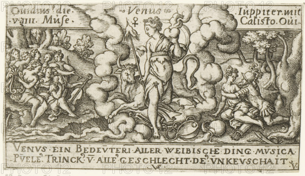 Venus with a Libra and Taurus (signs of the zodiac), Venus, Personifications of planets, print, Numbered lower right: V., number: '52', printmaker: Virgilius Solis, Nuremberg, 1524 - 1562, Bavaria, paper, engraving, etching, intaglio printmaking technique, height 62 mm x width 108 mm, Part of a series of seven prints with personifications of the planets, signs of the zodiac, and depictions of stories from Ovid's Metamorphoses., (story of) Venus (Aphrodite), the Muses acting together (as group), Libra (zodiacal sign of September), Taurus (zodiacal sign of April), Venus (planet), A central robed female figure stands on a cloud with one foot raised, holding a staff and a heart-shaped object, a bull beside her with its head turned outward, clouds and smoke-like forms surrounding them, several vessels lying near the clouds at their feet, a group of seated figures to the left playing stringed instruments and a lyre, two seated figures on the right embracing beneath trees, a wooded landscape ...