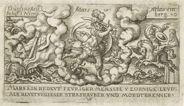 Mars, Mars with an Aries and Scorpio (signs of the zodiac), Personifications of planets, print, number: '52', printmaker: Virgilius Solis, Nuremberg, 1524 - 1562, Bavaria, paper, engraving, etching, intaglio printmaking technique, height 63 mm x width 111 mm, Part of a series of seven prints with personifications of the planets, signs of the zodiac, and depictions of stories from Ovid's Metamorphoses., (story of) Mars (Ares), Aries (zodical sign of March), Scorpio (zodiacal sign of October), Perseus, riding on Pegasus, kills the sea monster, Mars (planet), A monochrome engraving shows a central armored figure wearing a plumed helmet and holding a round shield, standing amid swirling clouds or smoke and stepping forward with one leg raised; to the left a partially visible ship lies at an angle with smoke curling around its masts and a small figure blowing a trumpet near the upper corner; to the right a winged horse rears while a helmeted rider with a round shield sits astride it and a b...