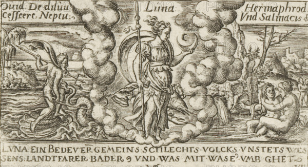 Luna, Luna with a Cancer (zodiac sign), Personifications of planets, print, Numbered lower right: VII., number: '52', printmaker: Virgilius Solis, Nuremberg, 1524 - 1562, Bavaria, paper, engraving, etching, intaglio printmaking technique, height 63 mm x width 112 mm, Part of a series of seven prints with personifications of the planets, zodiac signs, and depictions of stories from Ovid's Metamorphoses., moon as celestial body, chariot, triumphal car, Diana as moon-goddess, i.e. Luna (Selene), Cancer (zodiacal sign of June), A central robed female figure stands on a rounded cloud-like pedestal, holding a crescent-shaped object in one hand and a long staff in the other, with draped clothing and flowing hair; she is flanked by billowing cloud forms that frame her. To the left a partially nude male figure stands on a shell-like object in water, holding a trident and a large draped cloth, with sea creatures and rippling waves beneath him. To the right two seated nude figures embrace at the ...