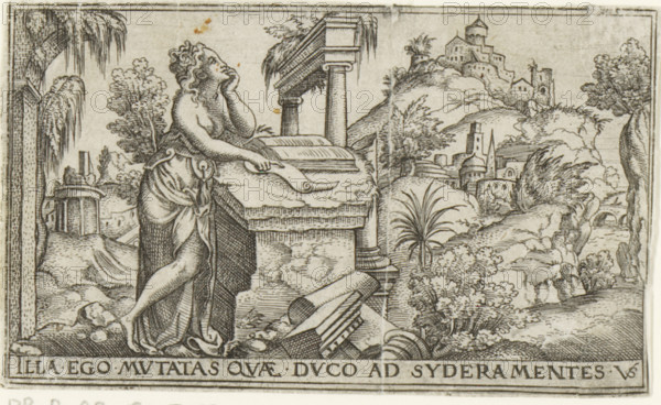 Penance, Female allegories in landscapes, print, number: '72', printmaker: Virgilius Solis, Nuremberg, 1524 - 1562, Bavaria, paper, engraving, etching, intaglio printmaking technique, height 52 mm x width 85 mm, Print is part of a series of six prints with female allegories in landscapes., landscape with ruins, city-view, and landscape with man-made constructions, 'Poenitentia', 'Contritione' (Ripa), part of the confession, A monochrome engraving shows a woman standing beside a stone sarcophagus, leaning on it with one elbow while resting her head on her hand and gazing upward. She wears a flowing draped garment that reveals one shoulder and leg, and her curly hair is styled up. Broken architectural elements lie on the ground near the base of the sarcophagus, and a columned structure with classical capitals stands behind her. The background contains rolling rocky hills, clustered buildings and towers on a distant hilltop, various trees and shrubs, and a small bridge over water visible ...