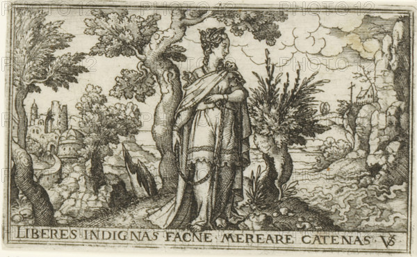 Imprisonment, Female allegories in landscapes, print, number: '72', printmaker: Virgilius Solis, Nuremberg, 1524 - 1562, Bavaria, paper, engraving, etching, intaglio printmaking technique, height 53 mm x width 86 mm, Print is part of a series of six prints with female allegories in landscapes., city-view, and landscape with man-made constructions, A detailed black and white engraving shows a robed figure standing beside a gnarled tree near a shoreline, the figure wearing a flowing garment and a cloak draped over one shoulder with one hand resting on the torso and the other hanging by the side; surrounding the central figure are dense foliage, bushes, and twisted tree trunks, with rocky ground and tufts of grass beneath; to the left a distant ruinous building with domes and towers is visible among trees, while to the right coastal cliffs rise above the water and a small structure sits atop one of the rocks; swirling clouds fill the sky and the sea meets the shore with textured waves.