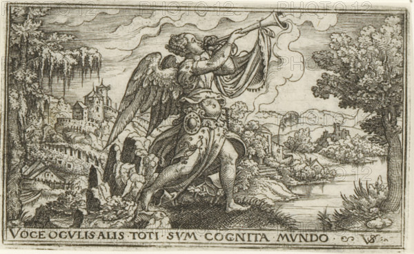Fama, Female allegories in landscapes, print, number: '72', printmaker: Virgilius Solis, Nuremberg, 1524 - 1562, Bavaria, paper, engraving, etching, intaglio printmaking technique, height 53 mm x width 87 mm, Print is part of a series of six prints with female allegories in landscapes., Fama as Roman personification, river, city-view, and landscape with man-made constructions, A detailed monochrome engraving shows a winged figure kneeling on a rocky outcrop, raising a trumpet with a draped banner toward the sky while wearing flowing robes and ornate armor at the waist; the figure has curled hair and feathered wings. Around the figure are rugged rocks and leafy vegetation, and a river or lake stretches into the midground with small houses and a cluster of buildings along its banks. The left background contains a walled settlement with towers and cascading foliage, while the right background shows distant hills and a tall tree framing the scene. Wavy clouds fill the sky above, and decora...