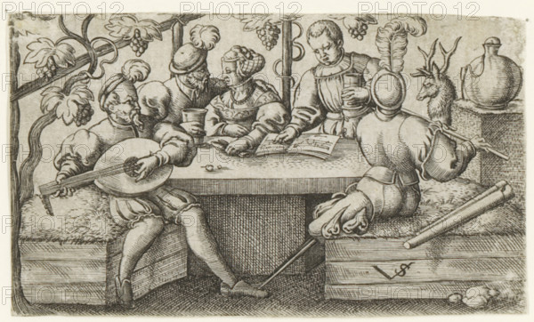 Four men and a woman drinking and playing music, Scenes with drinking figures, print, number: '135', printmaker: Virgilius Solis, Nuremberg, 1524 - 1562, Bavaria, paper, engraving, etching, intaglio printmaking technique, height 50 mm x width 85 mm, Print is part of a series of four prints with scenes of drinking figures., transverse flute - CC - out of doors, alcoholic drinks, lute, and special forms of lute, eg: theorbo - CC - out of doors, vocal music, singing - CC - out of doors, notation of music - CC - out of doors, A black and white etched scene shows five seated figures around a rectangular table beneath a trellis of vines and large leaves with clustered fruit. Two figures at the left wear puffed sleeves and caps with plumes; one holds a round lute-like instrument across the lap while the other leans forward with a cup. At the center a woman with a coifed hairstyle and patterned bodice faces a bearded man in a cap who holds a cup and leans toward her; a standing figure in a tun...