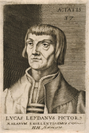 Portrait of Lucas van Leyden, Illustrious artists, print, Bust facing left of Lucas van Leyden at the age of 37. Below the portrait two lines in Latin. Print from a series of four with portraits of famous artists., printmaker: Hendrick Hondius (I), The Hague, 1598, paper, engraving, gravure, height 122 mm x width 79 mm, Person, Lucas van Leyden, A black and white engraved portrait of a man shown from the shoulders up facing slightly to the viewer's left, with straight hair cut in a short fringe and longer sides, pronounced eyelids and a contemplative facial expression, wearing a high-collared garment with a decorative trim and a layered robe, set against a background of finely hatched lines with a darker hatched panel behind the head.