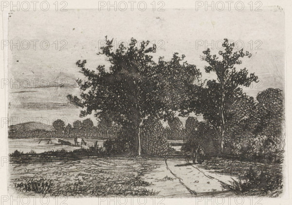 Country road, print, printmaker: Jan Heppener, The Hague, c. 1841 - 1898, paper, chine collé, etching, etching on chine collé, height 59 mm x width 87 mm, landscapes (landscape with figures, staffage), A monochrome landscape etching showing a dirt path leading into a grove of densely drawn trees with textured foliage and visible trunks, a figure standing on the path partially obscured by shadows, a body of water beyond the trees with low banks, distant hills on the horizon, a pair of animals wading or standing near the water, grasses and low vegetation in the foreground, and a sky with faint horizontal shading.