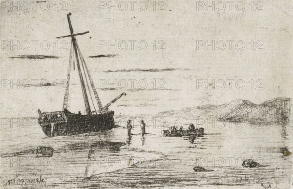 Ship off the coast, print, printmaker: Jan Heppener, The Hague, 1855, paper, etching, etching on chine collé, height 51 mm x width 78 mm, ships (in general), dune coast (landscape with figures, staffage), sand-bank (landscape with figures, staff), A monochrome sketch showing a shoreline scene with a large sailboat beached or anchored near shallow water, its tall mast and spars rendered with thin, dark lines and rigging suggested by vertical strokes; two figures stand waist-deep in the water facing each other near the boat, their silhouettes simply outlined, while a small rowboat nearby contains three figures with oars and reflected shapes in the water beneath; the distant shoreline on the right is drawn as a series of low, rolling hills with cross-hatched shading, and the foreground includes rippled water, scattered stones, and subtle horizontal marks indicating the water’s surface, all on a textured, lightly speckled background.