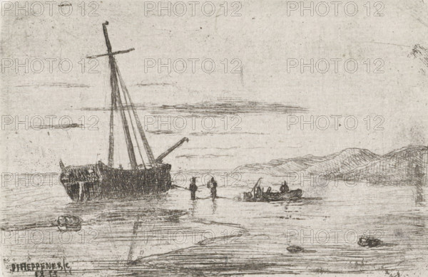 Ship off the coast, print, printmaker: Jan Heppener, The Hague, 1855, paper, chine collé, etching, etching on chine collé, height 51 mm x width 78 mm, ships (in general), dune coast (landscape with figures, staffage), sand-bank (landscape with figures, A sketch in muted tones shows a shoreline scene with a large sailing vessel beached or anchored near shallow water, its tall mast and spars drawn with vertical and diagonal lines, and its hull shaded with crosshatched strokes; two small standing figures are near the waterline facing the vessel, and a small rowboat with occupants is nearby on the water; low, gently sloping hills rise in the background on the right, and horizontal, wispy cloud-like lines stretch across the sky; the foreground contains textured water and shoreline marks with scattered darker sketch marks.