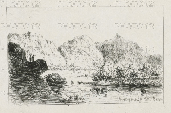 Mountain Landscape on the Aar (former title), Mountain Landscape, print, A mountainous landscape with a river, with two figures on a rock in the foreground on the left. High mountains on the opposite side of the river., printmaker: Joseph Hartogensis, Düsseldorf, 1850, North Rhine-Westphalia, paper, chine collé, etching, etching on chine collé, proof print, height 73 mm x width 111 mm, landscapes with waters, waterscapes, seascapes (in the temperate zone) (landscape with figures, staffage), mountains (landscape with figures, A monochrome pen drawing of a rocky riverside scene with steep cliff faces in the background and a calm body of water in the foreground, showing textured rock formations on the left and right, clustered shrubs and low vegetation along the shore, scattered boulders and stones in the water, and two small human figures standing on a protruding rock on the left edge of the water while another pair of small figures stands near the base of the distant cliffs, all framed ...