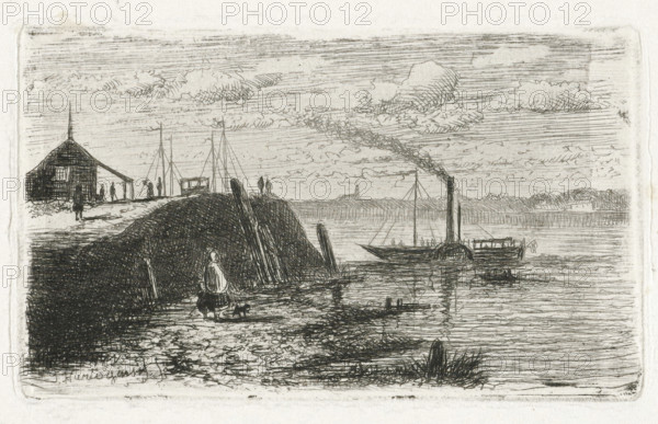 Area of Zaltbommel, with steamboat (former title), River view with a steamboat, print, printmaker: Joseph Hartogensis, The Hague, 1854, paper, chine collé, etching, etching on chine collé, proof, height 50 mm x width 85 mm, steamship, motorship, river (landscape with figures, staffage), Zaltbommel, A monochrome etching shows a shoreline scene with a dark, textured mound in the foreground and a figure wearing a cloak standing near the water edge accompanied by a small animal. Wooden posts and beams protrude from the mound and shoreline. A paddle steamer with a tall smokestack emitting a cloud of smoke is on the water alongside a smaller boat, and reflections ripple on the water surface. On the left, a simple wooden building with an overhang sits near the shore with several small human silhouettes nearby and masts of moored vessels rising behind it. The sky is filled with horizontal hatch marks and wispy, textured clouds, and a distant low-lying shoreline appears on the horizon.