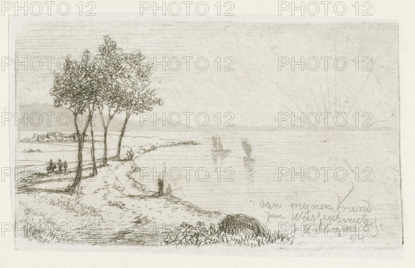 River landscape with rising sun, print, printmaker: Joseph Hartogensis, The Hague, dedicated to: Jan Weissenbruch, 1854, paper, chine collé, etching, etching on chine collé, height 50 mm x width 86 mm, river (landscape with figures, staffage), sunrise, A pencil sketch of a coastal scene showing a shoreline with a row of slender trees near the water's edge, a few small figures standing and sitting on the shore, and a couple of small sailboats on the calm sea; the sun appears low near the horizon with rays extending upward, distant low hills are visible across the water, and foreground vegetation and a textured rounded rock sit near the lower edge of the drawing.