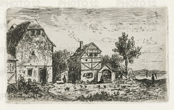 Buildings on the Aar, print, printmaker: Joseph Hartogensis, unknown, c. 1837 - 1865, paper, chine collé, etching, etching on chine collé, height 50 mm x width 86 mm, rural housing, eg country-house, villa, cottage, river, Aare, A monochrome etching shows a cluster of rustic buildings along a dirt foreground, with a large multi-story structure on the left featuring a steep roof and textured stone walls, a central timber-framed house with a gabled roof and a tall doorway, and a smaller arched entrance building to the right. Trees with detailed foliage rise beside and behind the houses, and a thin plume of smoke curls from a chimney on the central house. The sky is filled with horizontal hatch marks and sparse cloud-like strokes, and low rolling hills appear in the distant background to the right. Small figures and indistinct shapes populate the ground near the buildings, and varied line work creates grassy and rocky textures in the foreground.