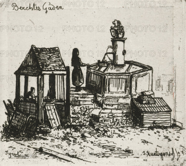 Water pump in Berchtesgaden, print, printmaker: Joseph Hartogensis, The Hague, 1856, paper, chine collé, etching, etching on chine collé, proof print, height 63 mm x width 71 mm, ornamental fountain, Bavaria, Berchtesgaden, A monochrome ink scene shows a small cluster of simple wooden structures with pitched roofs and vertical planks, a central raised platform with steps leading up to it, and a rounded stone basin topped by a pedestal supporting a sculpted animal figure; a silhouetted standing woman in a long dress is positioned on the steps near the basin while another seated figure is visible beneath a shelter, scattered boards and planks lean against the buildings, low vegetation and rocky ground fill the foreground, and small architectural details and ink shading define textures and shadows across the composition.
