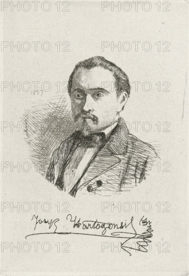 Self-portrait of Joseph Hartogensis, print, Bust facing left of Joseph Hartogensis., printmaker: Joseph Hartogensis, The Hague, 1857, paper, chine collé, etching, etching on chine collé, proof print, height 91 mm x width 63 mm, Person, A black ink sketch of a man from the chest up on a light textured paper background, showing his head turned slightly to one side with short wavy hair and a trimmed mustache and goatee, wearing a collared shirt with a bow tie and a suit jacket with lapels and visible buttons, crosshatched shading around the head and on the clothing, and a bold signature-like flourish drawn beneath the portrait.