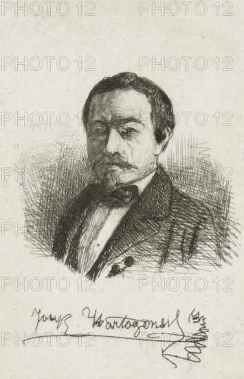 Self-portrait of Joseph Hartogensis, print, Bust facing left of Joseph Hartogensis., printmaker: Joseph Hartogensis, The Hague, 1857, paper, chine collé, etching, etching on chine collé, proof print, height 91 mm x width 63 mm, Person, A monochrome etched portrait of a man shown from the chest up, with short dark hair, a mustache and a small pointed beard, wearing a dark jacket and a bow tie over a light shirt, his face rendered with fine crosshatching and his expression appearing neutral, set against a lightly textured background with sketchy hatching around the figure and a signature-like scribble near the lower edge.