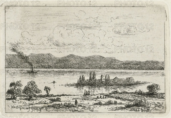 Steamship at a river island, Wörth, print, printmaker: Joseph Hartogensis, unknown, 1850 - 1859, paper, chine collé, etching, etching on chine collé, height 73 mm x width 106 mm, island, river, steamship, motorship, Bavaria, Wörth am Main, A black and white ink landscape engraving showing a wide body of water with a distant mountain range across the horizon, cloud formations above, and a small sailboat on the water. In the midground an island with trees and a small building sits near the shore, with reflected lines in the water. The foreground shows grassy and sandy shoreline with scattered trees and bushes, a few small human figures standing near the water, and a lone figure walking along the shore. Fine parallel lines and crosshatching create texture throughout the scene, and a simple rectangular border frames the composition.