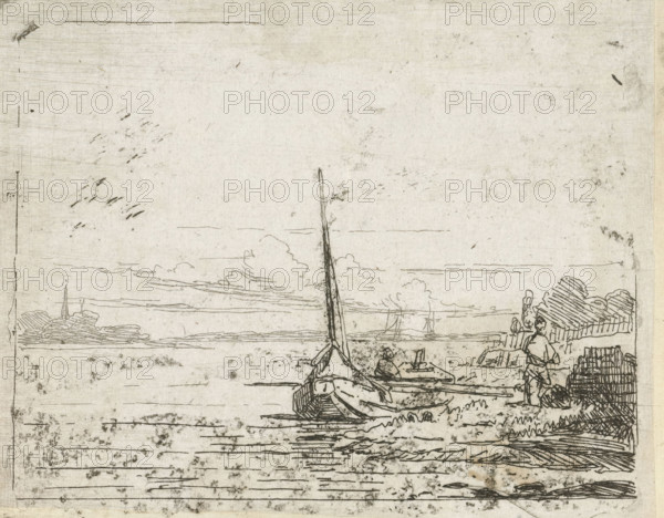 Ship at a bank, print, printmaker: Lambertus Hardenberg (1822-1900), The Hague, c. 1837 - 1900, paper, chine collé, etching, etching on chine collé, height 75 mm x width 99 mm, river (landscape with figures, staffage), boat propelled by man or animal, A faded ink drawing on a light paper surface depicting a shoreline scene with a tall, thin mast near the center, small boats along the water's edge, a seated figure in a boat, a standing figure on the right near stacked rectangular objects, sparse cloud lines in the sky, and textured marks and smudges across the paper.