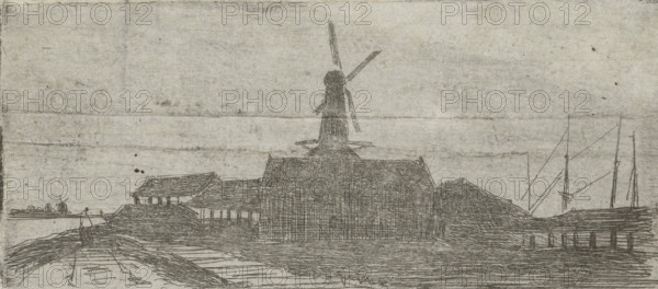Complex with mill on a river, print, Complex with a windmill, on a dike, with a beginning for a walking figure on the left and several boat masts visible on the right., printmaker: Lambertus Hardenberg (1822-1900), The Hague, c. 1837 - 1900, paper, chine collé, etching, etching on chine collé, proof print, height 38 mm x width 83 mm, factories and mills in landscape, A monochrome sketch showing a waterfront scene with a large building topped by a tower-like structure and sails or blades extending from its top. Surrounding the central building are lower roofed structures and mounds of earth. In the foreground a narrow path or dock leads toward the buildings, and a small boatlike shape is near the waterline. To the right, tall slender masts or poles rise beside the shore, and a low wooden pier extends into the water. The image has a textured, weathered paper background with faint horizontal creases and scattered small dark marks.