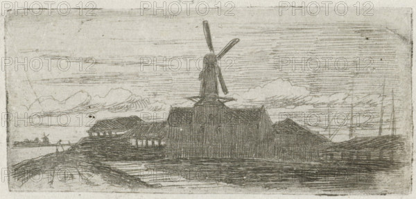 Complex with mill on a river, print, Complex with a windmill, on a dike, with a beginning for a walking figure on the left and several boat masts visible on the right., printmaker: Lambertus Hardenberg (1822-1900), The Hague, c. 1837 - 1900, paper, chine collé, etching, etching on chine collé, proof print, height 38 mm x width 83 mm, factories and mills in landscape, A monochrome sketch of a waterside scene showing a large central building with a tall windmill structure rising above it and two visible sails, flanked by lower roofed buildings, with a shoreline in the foreground and a body of water behind it, a distant smaller windmill visible on the left horizon, several tall thin masts or spars on the right, horizontal engraved lines suggesting sky and clouds, and varied crosshatching and line work indicating texture on roofs, water, and ground.
