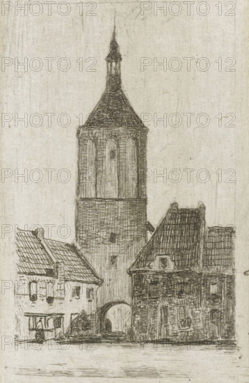 Tower, print, printmaker: Lambertus Hardenberg (1822-1900), The Hague, c. 1837 - 1900, paper, chine collé, etching, etching on chine collé, proof print, height 75 mm x width 45 mm, clock tower, monumental adornment (city(-scape) with figures, staffage), A tall stone tower with a conical roof and a narrow spire rises above a row of tiled-roof buildings; the tower shows vertical recessed panels on its upper portion and masonry texture on its lower portion. In front of the tower, a variety of buildings with pitched, tiled roofs and small windows line a street, one building featuring a rounded archway at ground level. At street level there is a cart with a canopy and indistinct figures or objects nearby. The drawing is rendered in fine, closely spaced lines on a light textured background.
