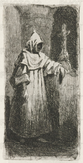 Monk by a crucifix, print, printmaker: Lambertus Hardenberg (1822-1900), The Hague, c. 1837 - 1900, paper, chine collé, etching, lithography, etching on chine collé, part of lithograph verso, height 78 mm x width 38 mm, monk(s), friar(s), A monochrome etching shows a robed figure wearing a hood that obscures the face, standing in front of a rounded architectural opening and resting one arm on a stone ledge. The robe has wide sleeves and draped folds with visible crosshatching and linear shading. Behind the figure, an arched recess contains a tall, narrow sculptural element with angular contours partly defined by dense hatch marks. The ground and surrounding walls are textured with dense, varied lines and crosshatching, creating areas of deep shadow and lighter highlights across the composition.