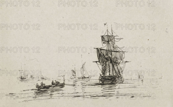 Navy with sailing ship, print, printmaker: Maurits Frederik Hendrik de Haas, Rotterdam, 1854 - 1856, paper, chine collé, etching, etching on chine collé, height 64 mm x width 92 mm, sailing-ship, sailing-boat, A sketch of a seascape on textured paper showing a large sailing ship with multiple masts and furled sails near the center-right, its reflected lines visible in the water below, and a small rowboat with figures in it closer to the left foreground, with faint outlines of other boats and masts in the distant background across a mostly empty sky.