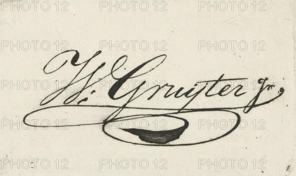 Signature of Willem de Gruyter, print, printmaker: Willem Gruyter jr., Amsterdam, 1832 - 1880, paper, etching, height 43 mm x width 70 mm, A section of aged off-white paper with dark calligraphic ink strokes forming an ornate signature-like flourish across the center, including sweeping curved lines, thin elegant loops, and a bold shaded oval flourish near the bottom, with scattered tiny ink specks and faint paper texture visible throughout.