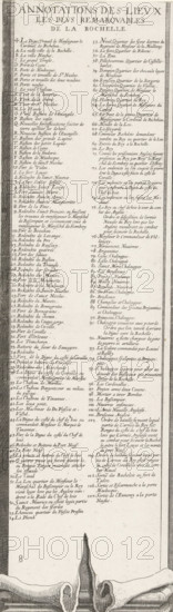 Annotations des lieux les plus remarquables de La Rochelle, Siege of La Rochelle, September 1627-October 1628 (text, bottom left section), print, historical print, text sheet, Sixteenth part (text, bottom left section) of a print of the siege of the Huguenot stronghold of La Rochelle in the years 1627 and 1628, which was carried out by order of the French king by the French army under the command of Cardinal Richelieu. On this sheet the legend to the central map, in French., printmaker, France, paper, engraving, height 565 mm, width 162 mm, La Rochelle, Period, 1627 - 1628, A tall, narrow printed page featuring a densely packed column of small serif text arranged in two main vertical columns beneath a large title at the top, flanked by decorative patterned borders on both sides; the title is centered and set in larger capital letters. The text columns are composed of many short lines separated by small gaps, with occasional short headings or marginal symbols preceding some lines. Near ...