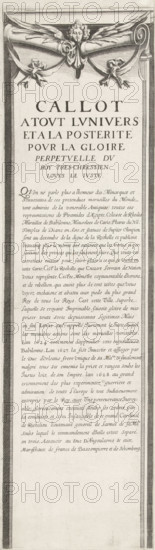 Siege of La Rochelle, September 1627-October 1628 (text, top-left section), Callot a tout lunivers et a la posterité pour la gloire perpetuelle du roy tres-chrestien Louys le Juste, print, historical print, text sheet, Sixteenth section (text, top-left section) of a print of the siege of the Huguenot stronghold of La Rochelle in the years 1627 and 1628, which was carried out by order of the French king by the French army under the command of Cardinal Richelieu. On this sheet a general explanation of the subject of the print, in French., printmaker, France, paper, engraving, height 580 mm, width 163 mm, La Rochelle, Period, 1627 - 1628, A tall vertical ornate engraving showing a framed panel with decorative molding and a ribboned swag near the top held by a winged cherubic head, the panel filled below with lines of handlettered text in varied sizes and a long block of cursive script, flanked by hatched borders and surrounded by empty space at the bottom.