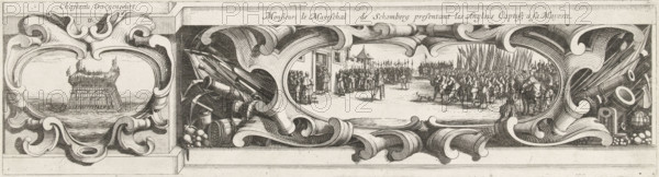 Siege of La Rochelle, September 1627-October 1628 (borderwork, bottom left section), Chasteau Dargencourt, Monsieur le Mareschal de Schomberg presentant les Anglois Captifs a sa Mayeste, print, historical print, Sixteenth section (borderwork, bottom left section) of a print of the siege of the Huguenot stronghold of La Rochelle in the years 1627 and 1628, which was carried out by order of the French king by the French army under the command of Cardinal Richelieu. On this sheet, on the left, a depiction of a wooden tower in the sea, and in the center, on the right, a depiction (surrounded by military attributes) of English prisoners of war being led before King Louis XIII., printmaker: Abraham Bosse, Paris, printmaker: Israël Henriet, after design by Jacques Callot, 1628 - 1631, paper, etching, engraving, etching and engraving, height 162 mm, width 601 mm, Person, Louis XIII (King of France), Armand-Jean du Plessis Duke of Richelieu, ornament, cartouche, prisoner of war (after the battl...