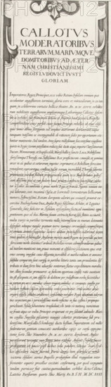 Siege of Saint Martin on the Île de Ré, July-November 1627 (text, top-right part), Callotus moderatoribus terrarum, mariumque domitoribus ad aeternam christianissimi regis Ludovici Iusti gloriam, print, historical print, text sheet, Sixteenth part (text, top-right part) of a print of the siege of the citadel Saint Martin on the Île de Ré in 1627, which was carried out by English troops led by the Duke of Buckingham and was ended by French troops led by Cardinal Richelieu. On this sheet, a general explanation of the subject of the print, in Latin., printmaker, writer (clerical worker), France, Charles Delorme, paper, engraving, gravure, height 576 mm, width 166 mm, Ile de Ré, Period, 1627, A tall vertical engraving shows an ornate framed panel with decorative scrollwork and a ribboned bow at the top, enclosing a large area filled with neatly aligned lines of printed text; the frame has shaded carved edges and ornamental corner designs, and the interior contains a clear title area near t...