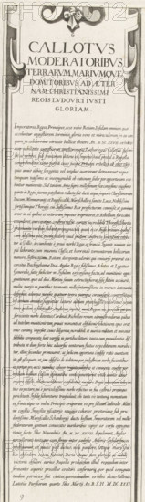 Siege of Saint Martin on the Île de Ré, July-November 1627 (text, top-right part), Callotus moderatoribus terrarum, mariumque domitoribus ad aeternam christianissimi regis Ludovici Iusti gloriam, print, historical print, text sheet, Series number, 9, 10?, Sixteenth part (text, top-right part) of a print of the siege of the citadel Saint Martin on the Île de Ré in 1627, which was carried out by English troops led by the Duke of Buckingham and was ended by French troops led by Cardinal Richelieu. On this sheet, a general explanation of the subject of the print, in Latin., printmaker, writer (clerical worker), France, Charles Delorme, paper, engraving, gravure, height 575 mm x width 171 mm, Ile de Ré, Period, 1627, A tall, narrow etched page with decorative border elements and ornamental scrollwork at the top surrounding a stylized bow, containing a large centered Latin title in capital letters followed by multiple lines of smaller Latin text in a neat serif script, with a long block of d...