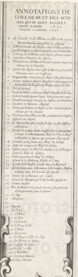 Siege of Saint Martin on the Île de Ré, July-November 1627 (text, bottom left part), Annotations de Lisle de Re et des actions qui sy sont passees depuis lannee 1625. jusques a lannee 1627., print, historical print, text sheet, Sixteenth part (text, bottom left part) of a print of the siege of the citadel Saint Martin on the Île de Ré in 1627, which was carried out by English troops led by the Duke of Buckingham and was ended by French troops led by Cardinal Richelieu. On this page the legend to the central map, in French., printmaker, writer (clerical worker), France, Charles Delorme, paper, engraving, height 575 mm x width 162 mm, Ile de Ré, Period, 1627, A tall vertical sheet with a printed heading at the top and a long column of neat handwritten lines below, enclosed by decorative borders on the left and right edges that feature scrollwork and thick parallel lines, the page showing a faintly aged, off-white background and slight discoloration near the edges, the handwriting arrange...