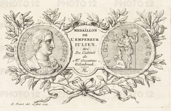 Coin of Roman Emperor Flavius Claudius Julianus Apostata, print, The obverse and reverse of a coin, with the face of Roman Emperor Flavius Claudius Julianus Apostata, from the cabinet of the Amsterdam collector Goswin Uilenbroek in an ornamental frame., printmaker: Bernard Picart, Amsterdam, 1727, paper, etching, engraving, etching and engraving, height 56 mm x width 94 mm, Print used in: Flavius Claudius Julianus Apostata. Les cesars. Translated from the Greek by Ezechiel Spanheim. Amsterdam: François L'Honoré, 1728., coin, ornaments, art, A decorative engraving shows two circular medallions framed by leafy branches and ornate scrollwork, with a central cartouche between them. The left medallion contains a profile bust of a man facing right, wearing draped clothing and with short, textured hair. The right medallion depicts a standing male figure holding a long staff in one hand and a flowering branch in the other, with a smaller seated figure at his feet. Leaves and stems extend outwa...