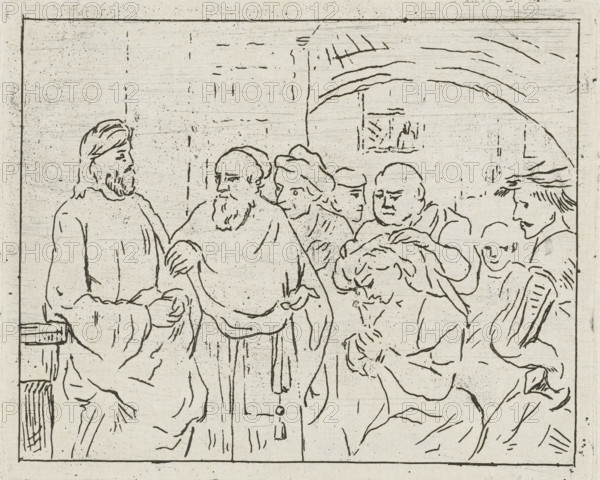 Christ and the Adulterous Woman, print, Inspired by Rembrandt's 'Christ and the Adulterous Woman'. Depicted is the moment when the Pharisees ask Christ a trick question., printmaker: Cornelis van der Griendt, Netherlands (possibly), after painting by Rembrandt van Rijn, unknown: Picard, 1837 - 1918, Cornelis van der Griendt, Rembrandt van Rijn, Picard, printmaker, after painting by, unknown, Netherlands, paper, etching, zinc etching, etching on zinc, height 80 mm x width 99 mm, Pharisees bring a woman accused of adultery before Christ (John 8:2-11), A rectangular etched scene framed by a simple border shows a group of robed figures drawn with thin dark lines on a light background; on the left a bearded man faces toward the center with one arm extended, beside him another bearded figure stands holding the extended hand, several other figures with varied head coverings and shaved or bald heads cluster behind and beside them, one central figure leans forward with hair pulled back, another...