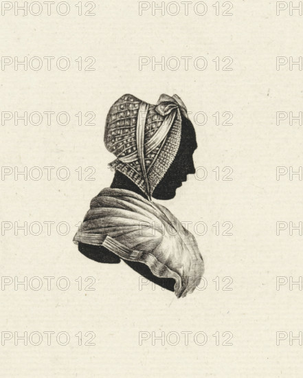 Silhouette portrait of Petronella Moens, print, Silhouette portrait of poet and writer Petronella Moens., printmaker: Hendrik Schwegman, Haarlem, after drawing by Jacobus Wilhelmus Pruys, Bergen op Zoom, 1790, paper, etching, engraving, height 213 mm x width 139 mm, Later state of this print was used as title page for: Moens, Petronella. Dichtkundige en prosaische mengelwerken. Haarlem: Christiaan Plaat en Adriaan Loosjes Pz, 1790., Person, Petronella Moens, A black ink silhouette of a person's head and upper shoulders in profile facing right, wearing a patterned bonnet with visible woven textures and ribbons, and a draped shawl with fine line shading indicating folds, all set against a light textured background.