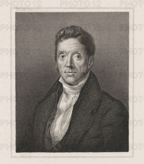 Portrait of Frans van der Breggen Cornzn., print, professor of medicine., FMP 716-d, printmaker: Willem van Senus, Netherlands, after painting by Leendert de Koningh, 1817 - 1851, paper, chine collé, etching, engraving, etching and engraving on chine collé, proof print, height 192 mm x width 125 mm, Person, Frans van der Breggen Cz., A black and white engraved portrait of a man shown from the chest up within a rectangular frame, with a densely crosshatched dark background and a lighter paper margin; the man has short wavy hair, prominent sideburns, and a composed facial expression with eyes looking forward, wearing a high-collared shirt with a cravat and a dark coat with visible engraved texture.