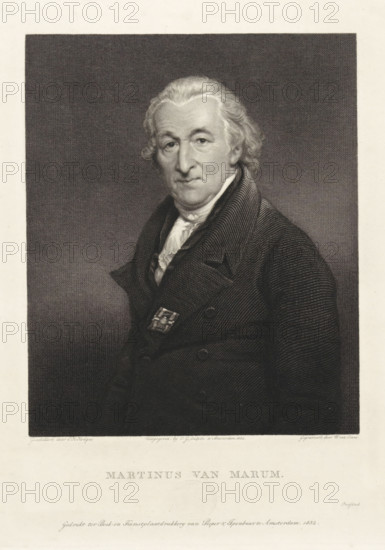 Portrait of Martinus van Marum, print, Portrait of the chemist and physicist Martinus van Marum., inscription: 'Presented to the municipal government of the City of Amsterdam, by the undersigned as publisher in accordance with Art. 6 die, Act of 17 January 1817., Amsterdam 22 June 1832, CG Sulpke', stamp: 'Awarded by KN Institute Fourth Class MDCCCXXXI', printmaker: Willem van Senus, after painting by Charles Howard Hodges, publisher: CG Sulpce, Amsterdam, printer (person): Pieper & Ipenbuur, dedicated to: City of Amsterdam, 1832-06-21, printer (person), materials by function, paper, ink, etching, engraving, pen, engraving and pen in brown, proof, height 260 mm x width 203 mm, Person, Martinus van Marum, A grayscale engraved portrait of an older man shown from the torso upward, facing slightly toward the viewer with a neutral expression, styled hair swept back and wavy, wearing a high-collared shirt with a visible cravat and a dark textured double-breasted coat with wide lapels and a d...