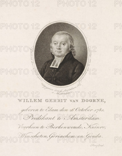 Portrait of Willem Gerrit van Doorne, print, Reformed minister in Amsterdam., printmaker: Willem van Senus, after drawing by Hendrik Willem Caspari, publisher: Johannes Aarinksen, Amsterdam, 1817, paper, etching, stippelets, engraving, stippelets and gravure, height 184 mm x width 145 mm, Person, Willem Gerrit van Doorne, An oval engraved portrait of a man framed by a stippled background, showing his head and upper torso; he has light-colored hair styled back with short curls at the sides, a composed facial expression with eyes looking slightly to the viewer's left, and is wearing a dark coat with a white clerical collar; the portrait sits on a light, textured paper with decorative script below that is partially visible.