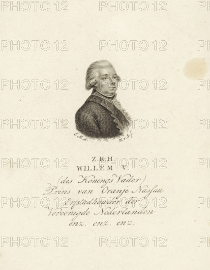 Portrait of William V (Prince of Orange-Nassau), print, inscription: 'Oranje Nassau 1073', printmaker: Willem van Senus, supervision: Evert Maaskamp (possibly), 1783 - 1795, paper, etching, stippelets, etching and stippelets, height 131 mm x width 82 mm, Person, William V (Prince of Orange-Nassau), A small engraved portrait of a man shown from the shoulders up, facing slightly to the viewer's left, with powdered hair styled back and side curls, wearing a dark textured coat and a ruffled shirt front; the image is centered on a light, slightly speckled paper background with a faint round stain to the right and some visible signs of aging.